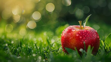 Fresh red apple with water droplets on green grass. 