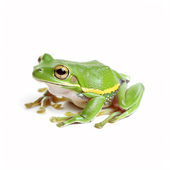 a green frog with a yellow collar sitting on a white surface