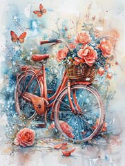 Luminous watercolor art featuring a red bicycle and complementary details like a basket full of roses and butterflies, drawn in bright pastels on a white canvas
