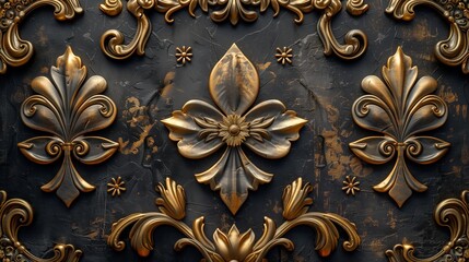 Old metal texture with gold filigree. AI generation
