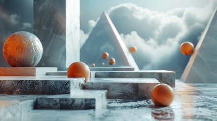 The image is a surreal landscape with floating islands, pyramids, and spheres