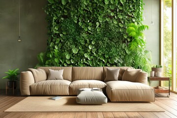 Green Living Room With Vertical Garden, House Plants, Beige Color Sofa And Parquet Floor