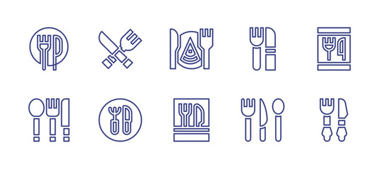 Fork and knife line icon set. Editable stroke. Vector illustration. Containing food, online, cutlery, gastronomy.
