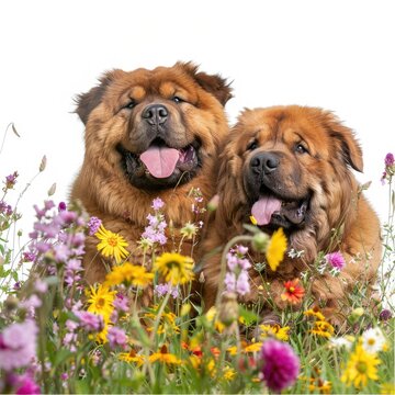 a pair of Tibetan Mastiffs playfully romping through a field of wildflowers in a highland valley isolated on white background 