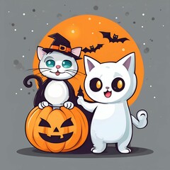 Happy halloween greeting card with pumpkin in cat and ghost costume. Holidays cartoon character. -Vector