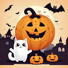 Happy halloween greeting card with pumpkin in cat and ghost costume. Holidays cartoon character. -Vector