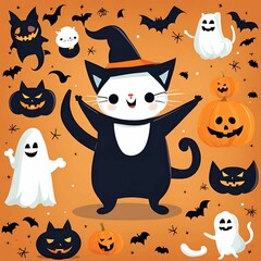 Happy halloween greeting card with pumpkin in cat and ghost costume. Holidays cartoon character