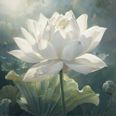 a white lotus flower in full bloom, celestial, bright, pure, radience, sourrounded by a calm mist 