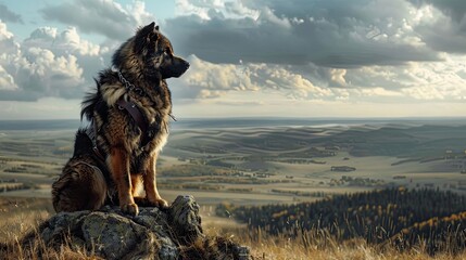 thick muscular dark brown black fluffy leonberger-wolf in leather armor and saddle standing on four...