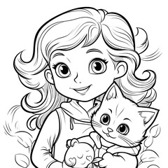 Girl with cat illustration clip art coloring book black and white for kids and adults isolated line art on white background.