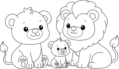 Cute kawaii lion family and baby cartoon character coloring page vector illustration. Wild animal, mothers day, fathers day colouring page for kids