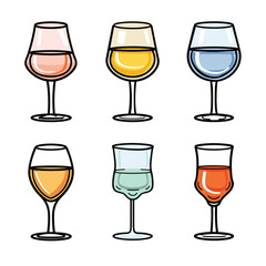 Six wine glasses cartoon, different colors content, vector illustration isolated white background. Collection beverage glasses, colorful drinks, stemware variety. Graphic wine glasses, rose, white