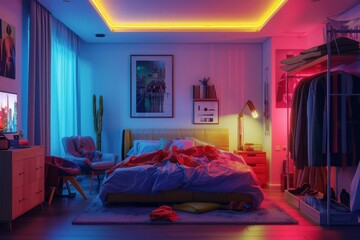 Modern Bedroom Interior At Night With Neon Light. Messy Bed, Clothes In Closet, Armchairs And Floor Lamp.