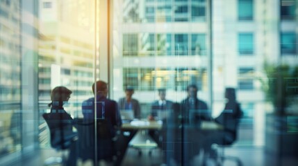 Business people having a board meeting in a conference room visible through a glass wall
