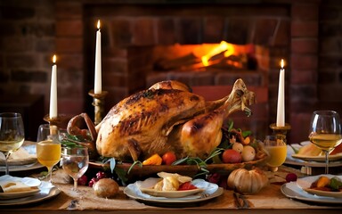 Thanksgiving day dinner, roasted turkey - Generative AI, best selling, stock photos