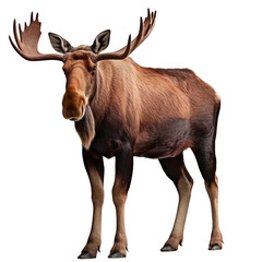 A large moose stands in the forest. It has a dark brown coat and large antlers.