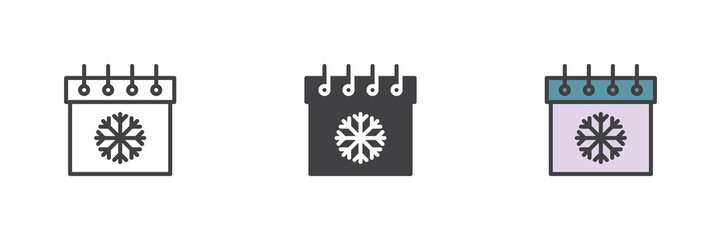 Calendar with snowflake different style icon set