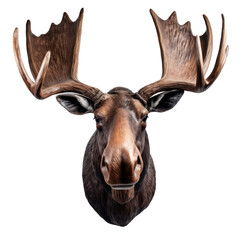 A large brown moose head with antlers is isolated on a black background.