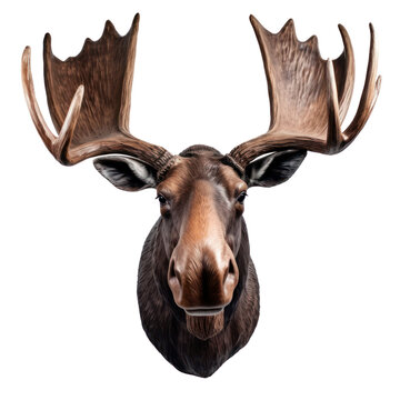 A large brown moose head with antlers is isolated on a black background.