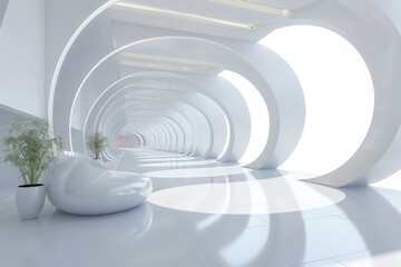 Modern white space interior with circle shape 3d render.A room with a ceiling in the shape of a circle up to several floors.