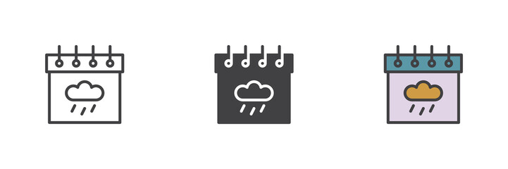 Calendar with rainy cloud different style icon set