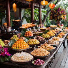 Outdoor Thai dessert buffet, featuring a long table laden with traditional sweets, fruits, and...