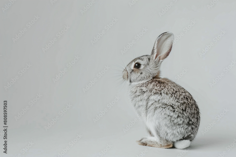 Wall mural a rabbit sitting on a white surface looking up