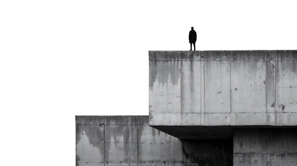 Man on modern building edge in monochrome, space for text.