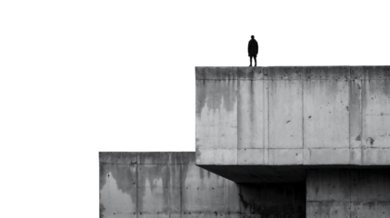 Man on modern building edge in monochrome, space for text.