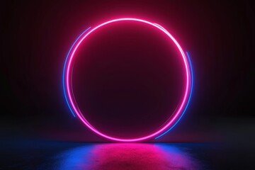 Round circle picture frame with two tone neon color shade motion graphic on isolated black background. Blue and pink light moving for overlay element. 3D illustration rendering. Empty space in middle