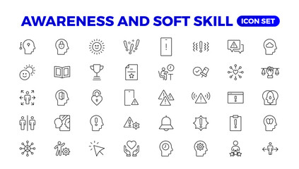 Set of self awareness icons. Thin linear style icons Pack.Vector Illustration.Volunteering set. Outline set volunteering vector icon. Soft skills icon Containing communication, empathy, assertiveness.