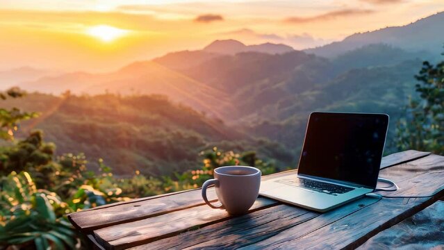 A laptop and a coffee cup on wooden table with a beautiful mountain view background. Freelance or working from home concept animation.