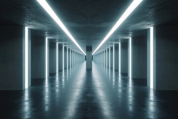 Sci Fi Modern Dark Concrete Cement Asphalt Futuristic Spaceship Elegant Underground Garage Tunnel Corridor Empty Space White Glow Glossy Columns 3D Rendering Illustration