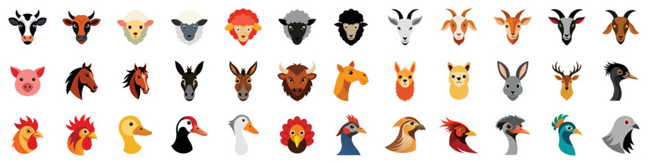 Naklejka premium Collection of Farm and domestic Animals heads Icons, vector flat cartoon illustration - cow, chicken, duck, goat, sheep, horse, pig, dog, cat, bee, llama, donkey.