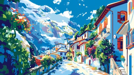 Blue and white snow mountain town illustration poster background