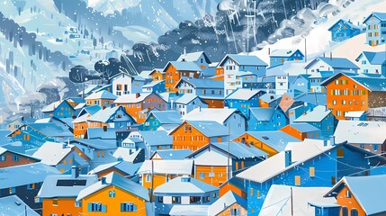Blue and white snow mountain town illustration poster background