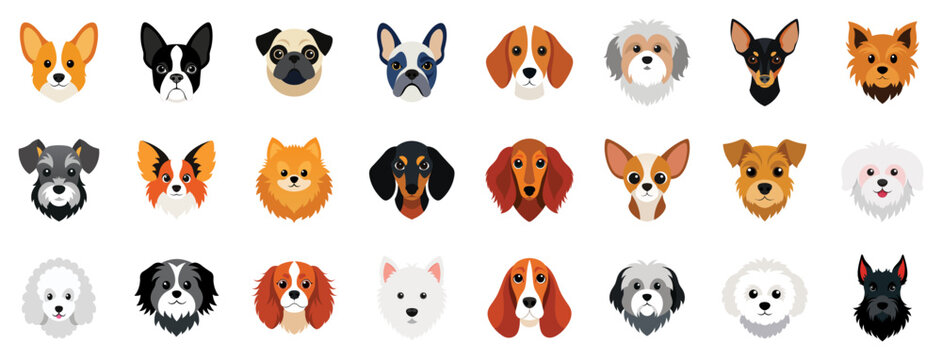 Collection Of Dog Breeds Heads Icons, Vector Cartoon Illustration. Small Indoor Dogs - French Bulldog, Corgi, Beagle, Dachshund, Shih Tzu, Yorkshire Terrier, Maltese, Bichon Frise.