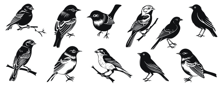 Birds Perched in Various Poses vector illustration. Bird sitting on branch hand drawn black on white background. Animal silhouette.