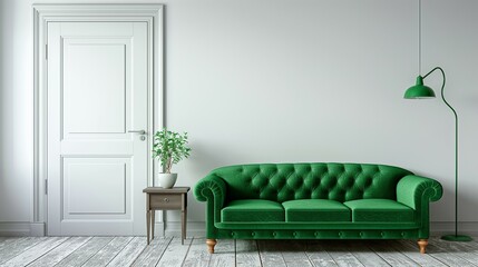 Comfortable green sofa next to the room door, white blank wall,