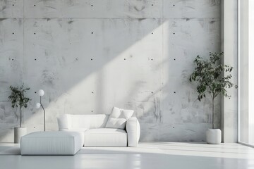 white concrete wall with white modern furniture, minimal interior design, 3d render, 3d illustration