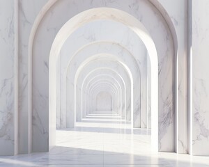 Minimalist arch framing a cathedral view white marble walkway lined with poles