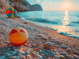 Obraz premium Summer background with beach accessories and flip-flops on wooden table against blue sky, sun rays, sea waves and palm tree leaves. Concept of vacation at the summer season