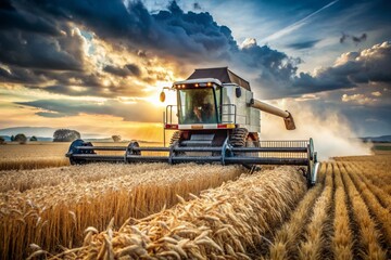 Obraz premium Agricultural industry and machinery.. A combine harvester removes golden ears of ripe wheat against the background of a ripening field. The concept of planting and harvesting a rich harvest.
