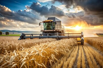 Obraz premium Agricultural industry and machinery.. A combine harvester removes golden ears of ripe wheat against the background of a ripening field. The concept of planting and harvesting a rich harvest.