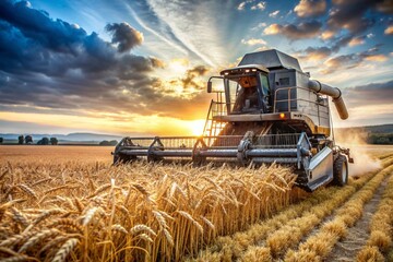 Obraz premium Agricultural industry and machinery.. A combine harvester removes golden ears of ripe wheat against the background of a ripening field. The concept of planting and harvesting a rich harvest.