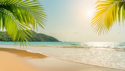 Tropical Tranquility: Blurred Palm Leaf on Beach with Bokeh Sunlight