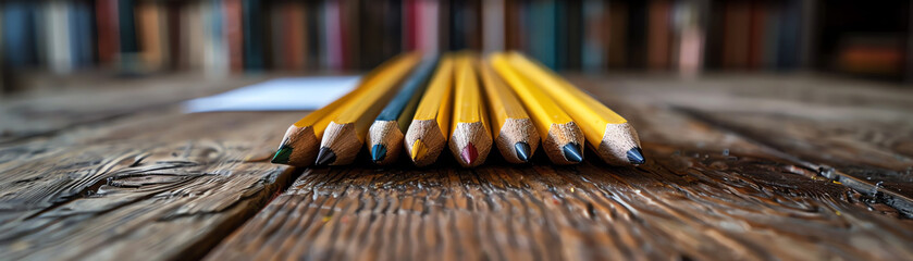 A row of colored pencils arranged on a rustic wooden surface, each pencil showing a different vibrant color. - Powered by Adobe