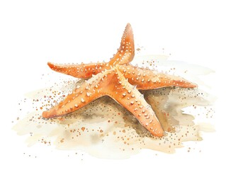 A watercolor painting of a starfish on sand. The starfish is orange with five arms and the sand is beige.