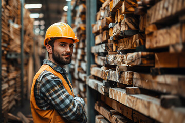 A cheerful warehouse worker in a hard hat standing confidently in the lumber section of a warehouse, arms crossed.