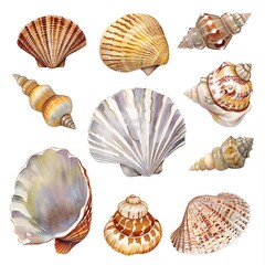 A watercolor painting of various seashells